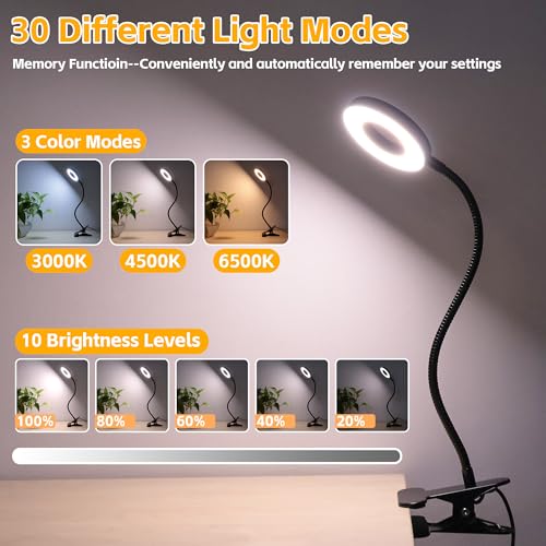 Desk Lamp Clip on Light, 48 LED USB Lamp with 3 Color Modes 10 Brightness Levels, 360° Flexible Gooseneck Eye Protection Bed Night Light for Reading, Makeup, Craft (Black)