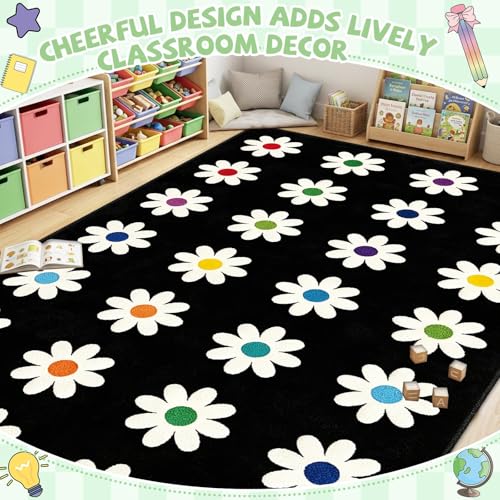 7.6x12 ft Large Daisies on Black Classroom Rug Daisy Educational Area Mat Daisy Flowers Multicolor Play Carpet Educational Classroom Learning Mat for Preschool Playroom Elementary Kindergarten(Black)