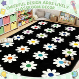 7.6x12 ft Large Daisies on Black Classroom Rug Daisy Educational Area Mat Daisy Flowers Multicolor Play Carpet Educational Classroom Learning Mat for Preschool Playroom Elementary Kindergarten(Black)