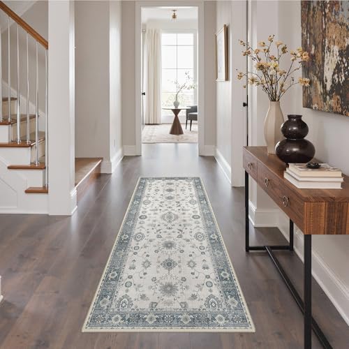 GENIMO 3x7 Non Slip Runner Rug, Washable Lightweight Hallway Misty Blue