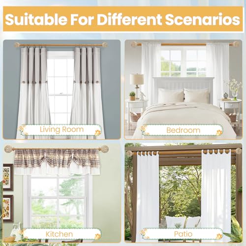 Boho Wood Curtain Rods For Windows 48 to 84 Inches, 1 Inch Heavy-Duty Adjustable Decorative Curtain Rods With Branches Leaves Hollow Finials for Bedrooms and Living Rooms In Farmhouses.