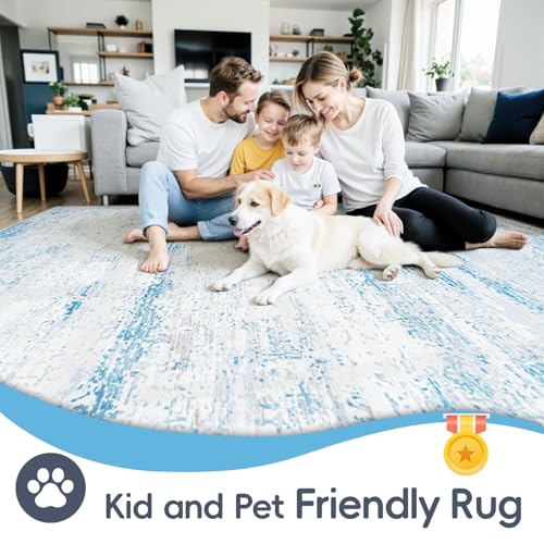10x14 Washable Area Rug for Living Room Bedroom: Non-Slip Modern Light Blue