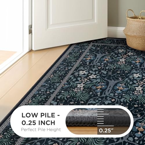 Joydeco Machine Washable Area Rugs 5x7, Boho Floral Rug for Bedroom Non Slip, Soft Forest Botanical Low-Pile Floor Indoor Throw Carpet for Living Dining Room Dorm Office, Black