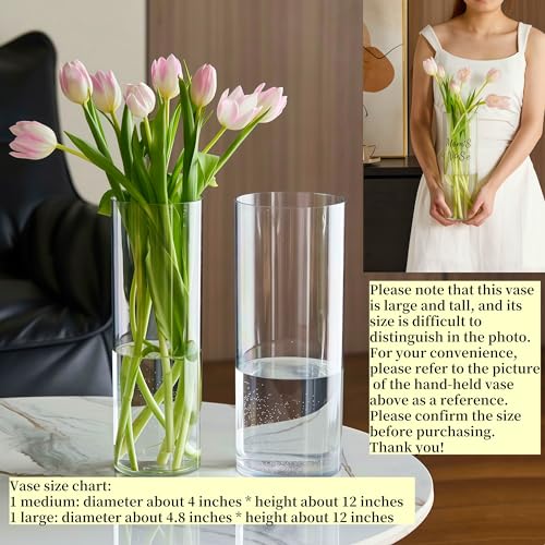 Acrylic Cylinder Plastic Vase for Centerpiece, Unbreakable Hurricane Tall Large Plastic Vases for Proposals Wedding, Hydroponic Decor Base Set of 2 with DIY Stickers(D 4" + D 4.8" X H 12" Clear)