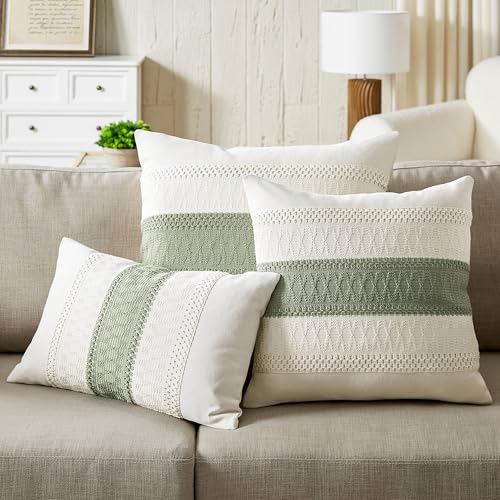 ZeeMart 2 Packs Cotton Boho Throw Pillow Covers 18x18 Inch Contrast Green, Soft Farmhouse Decorative Couch Pillow Cases Sage Green Cushion Covers for Sofa Bed Living Room Home Decor