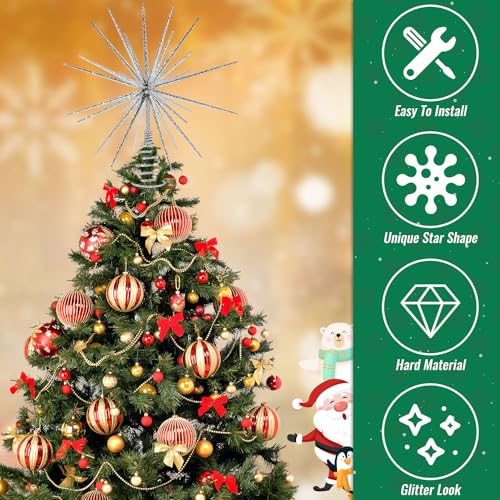 13.7 Inch Silver Christmas Tree Topper - 3D Burst Silver Tree Topper, Exploding Star Christmas Tree Decorations