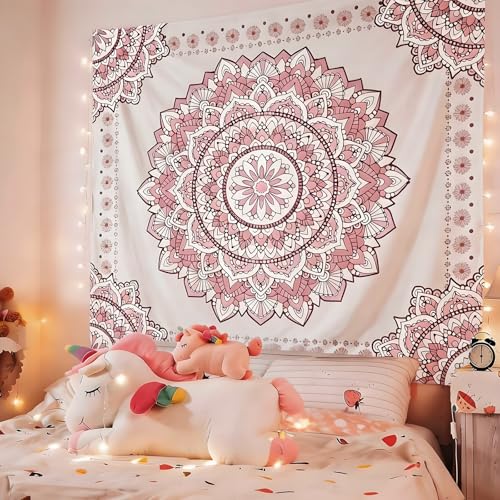 Atrippy Boho Pink Mandala Wall Tapestry for Bedroom, White and Pink Aesthetic Tapestry Room Decor for Teen Girls, Art Floral Wall Hanging for College Dorm (51''x60'')
