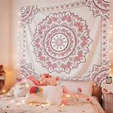Atrippy Boho Pink Mandala Wall Tapestry for Bedroom, White and Pink Aesthetic Tapestry Room Decor for Teen Girls, Art Floral Wall Hanging for College Dorm (51''x60'')