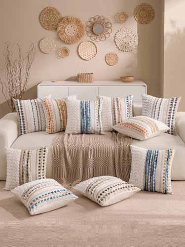 Boho Chenille Tufted Couch Throw Pillow Covers 18x18 Inch Set of 2 Farmhouse Striped Decorative Pillow Covers Accent Neutral Square Pillowcase Green Cushion Covers for Livingroom Sofa Bed