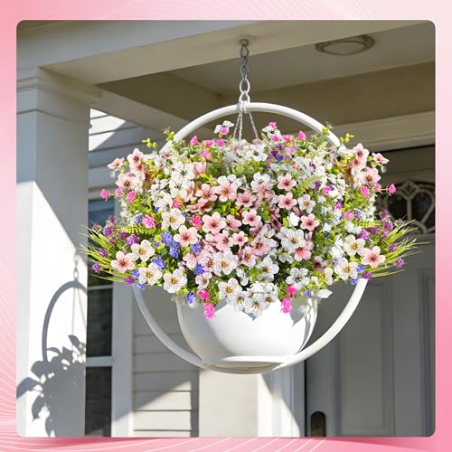 Fake Flowers for Outdoor UV Resistant 24 pcs Pink Artificial Flowers Outdoors, Realistic Faux Silk Flowers Fade Resistant, Fake Plants ＆ Flowers for Garden Porch Planters Window Patio Wedding