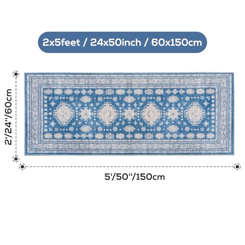 2x5 Runner Rug Washable Non Slip Small Throw Mat for Entry, Hallway, Blue