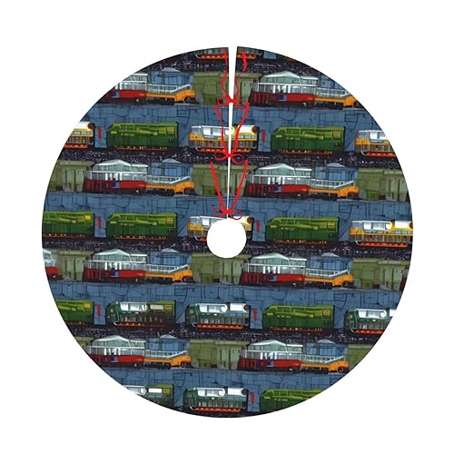 Train Cars Print Christmas Tree Skirt Plush Soft Xmas Tree Mat Christmas Decoration for New Year Holiday Xmas 30"