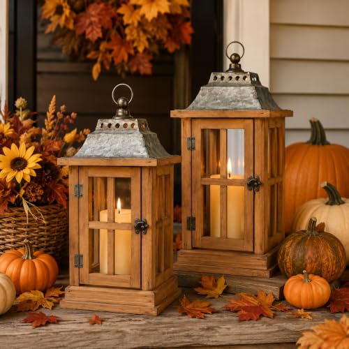 Bdor 15 Inch Outdoor Decorative Lanterns, Set of 2 Wooden Candle Lanterns