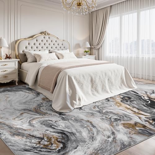 PADOOR Abstract 9'x12' Area Rug, Washable Non-Slip Low Pile, Marble Black