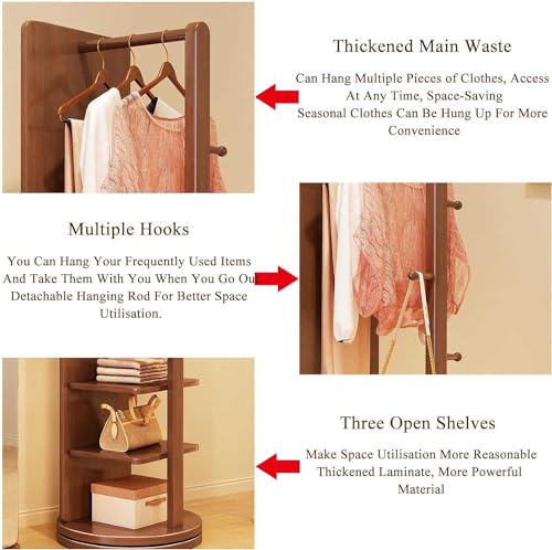 Floor-Standing Solid Wood Rotating Coat Rack，360° Rotating Coat Rack with Full Length Mirror and 2 in 1 Floor Mirrors for Living Room Bedroom and Cloakroom
