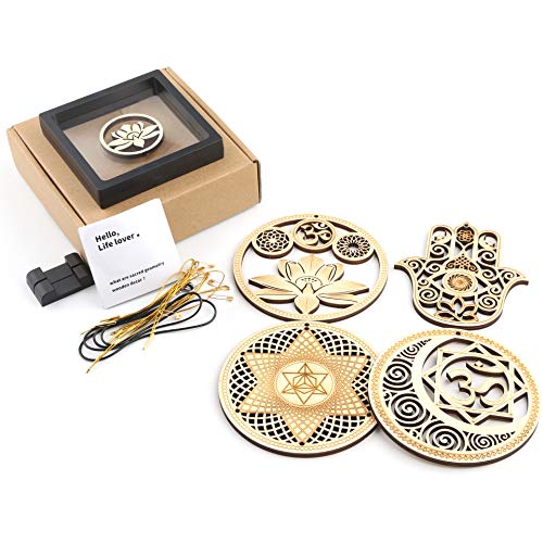 Qallicon 5.31" Sacred Geometry Wall Art 4 PCS Set, (Sacred Lotus, Hamsa Hand, Soul Star, Union Sun Moon) Crystal Grid Meditation Chakra Wooden Wall Art Yoga Decor Spiritual Gifts