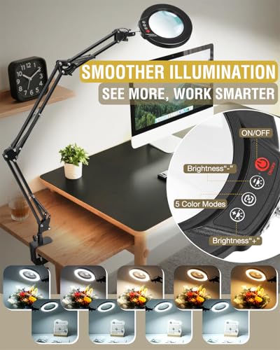 12X Magnifying Glass with Light and Clamp, Ultra Long 3 Section Swing Arm LED Desk Lamp, Real Glass Lens, 5 Color Modes Dimmable, Hands Free Lighted Magnifier with Stand for Repair Craft Close Work