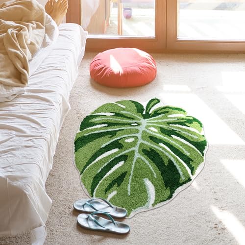 Panstar Green Leaf Kids Rug, Monstera Shaped Rug for Bedroom Bathroom Non Slip Microfiber Tufted Plant Large Bath Mat Boho Home Decor Large Size 43"X36"