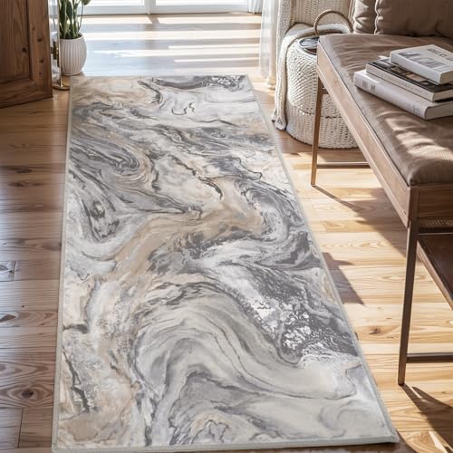 PADOOR Abstract 2'x10' Runner Rug, Washable Non-Slip Low Pile, Marble Grey