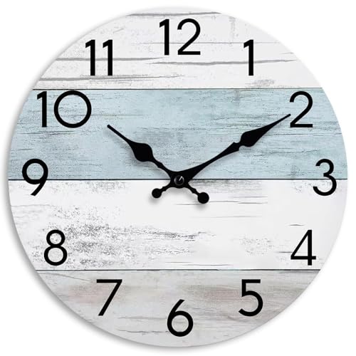 KECYET Wall Clock Silent Non-Ticking Wooden Clocks Battery Operated 12 Inch Small Country Retro Rustic and Beach Style Decorative for Living Room, Kitchen, Home,Bathroom, Bedroom (Blue)