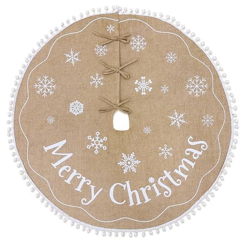 AerWo Christmas Tree Skirt 36 Inch, Burlap Tree Skirt Printed with White Snowflake and Merry Christmas Decor, Brown Tree Skirt for Christmas Decorations New Year Holiday Party Supply Indoor Outdoor