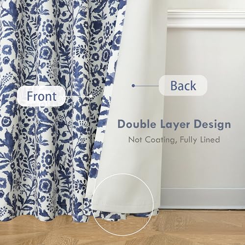 DriftAway Julia Blackout Curtains for Bedroom Navy Floral Watercolor Pattern Double Layer Thermal Insulated Sound Reducing Room Darkening Drapes for Living Room Grommet 2 Panels Each W52 x L84 Navy