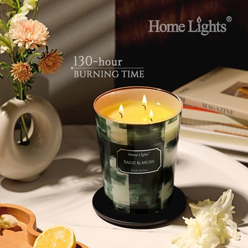 Home Lights 3-Wick Candles for Home Scented - 34oz Soy Wax Candle Long-Lasting Fragrance, Scandinavian Minimalist Design Home Decor and Housewarming Gifts, Sage & Moss