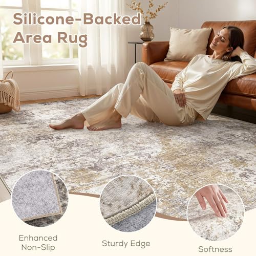 Nakagishi 8X10 Area Rugs for Living Room: Washable Modern Abstract Rug with Non-Slip Silicone Backing Low Pile Soft Carpet for Bedroom & Dining Decor Ideal for Families with Kids and Pets-Brown