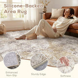 Nakagishi 8X10 Area Rugs for Living Room: Washable Modern Abstract Rug with Non-Slip Silicone Backing Low Pile Soft Carpet for Bedroom & Dining Decor Ideal for Families with Kids and Pets-Brown