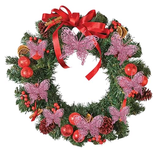 Christmas Tree Butterfly Ornaments Pink Glitter Butterfly Decorations Artificial Butterflies with Clip & Stem for Xmas Party Wreath Garland Decor - 12-Pack 5inch 3D Hollow Butterflies