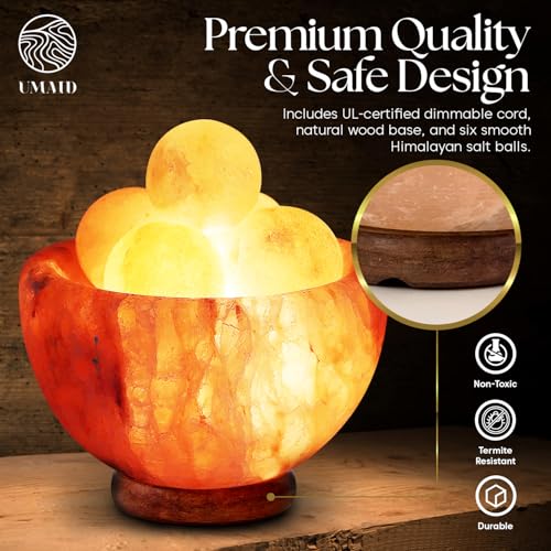 UMAID Himalayan Salt Lamp Bowl with 6 Himalayan Salt Massage Stones, Dimmable Pink Rock Salt Lamp for Bedroom, Office Desk & Meditation Room, Spa Decor, Relaxation Home Decor Gifts for Men & Women