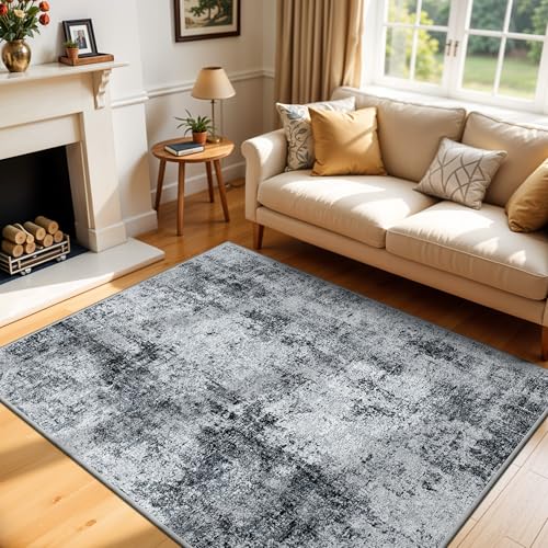 5x6 Machine Washable Area Rug：Non Slip Stain Resistant Low Pile Carpet - Soft Warm Comfortable Accent Rugs for Living Room Bedroom Entryway Dining Room Farmhouse Decor Black Grey