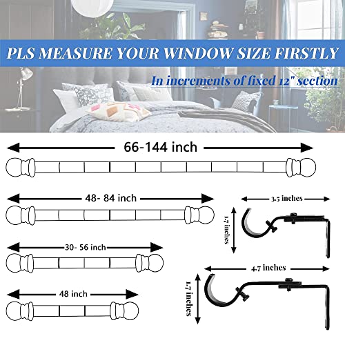 Curtain Rod, 48" - 84" Black Curtain Rods for Windows, 1" Diameter Decorative Adjustable Curtain Rod with Brackets for Room Divider, Bedroom, Living room, Kitchen, Bathroom