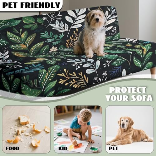Green Leaf Pattern Armless Sofa Cover, Anti-Slip Non-Armrest Couch Cover Comfortable Futon Sofa Slipcover for 3 Cushion Couch