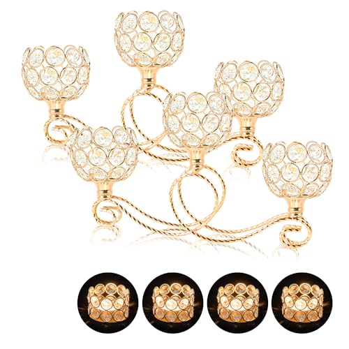 Gold 2 Pcs-3Arm Metal Crystal Tea Light Candle Holder, Elegant Wedding Table Centerpiece Candle Holder, Christmas Wishing Crystal Bowl Candle Holder Suitable for Wedding Party Living Room Decoration