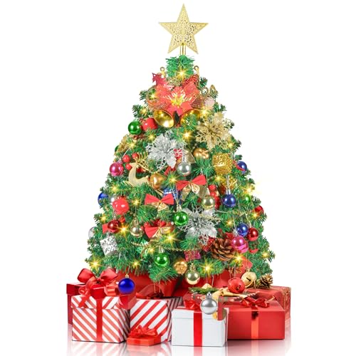 2FT Mini Christmas Tree, Artificial Tabletop Christmas Trees with 60 LED Lights, Prelit Small Christmas Tree, 100 Branch Tips, 80 Ornaments, Indoor Christmas Table Decor for Home Party