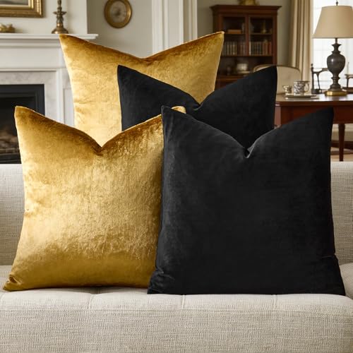 GIGIZAZA Decorative Throw Pillow Covers 18 x 18,Gold Black Soft, Set of 4 Square Velvet Cushion Covers