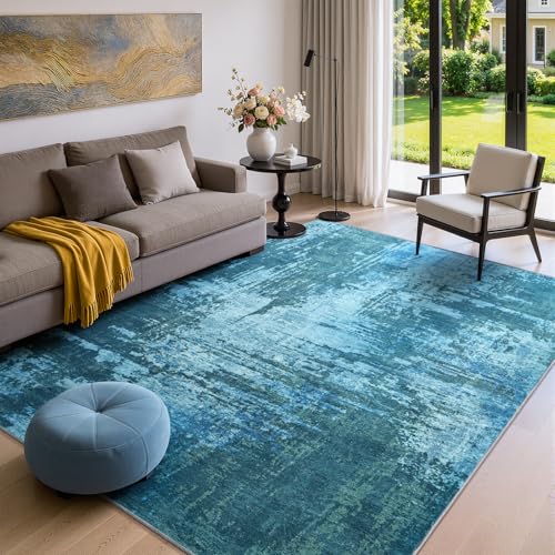 4x6 Blue Washable Area Rug Non-Slip Faux Wool Abstract Carpet