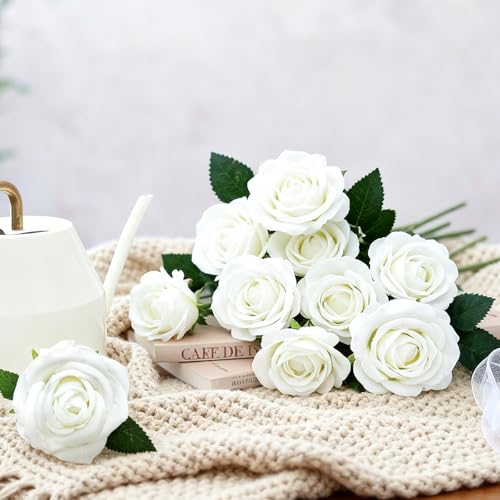 50Pcs White Roses Artificial Flowers with Stems，Fake Roses Bouquet Fake Flowers Bulk，Silk Velvet Roses for Wedding Centerpieces Arrangement Baby Shower Birthday Home Decor Gifts
