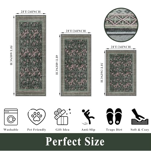 Kitchen Rugs 3 Piece Set, Washable Non-Slip Farmhouse Kitchen Mats for Hardwood Floor, Rustic Floral Boho Runner Rug for Sink,Entryway & Hallway & Bathroom (Dark/Green/Floral,2x3-2x4-2x5)