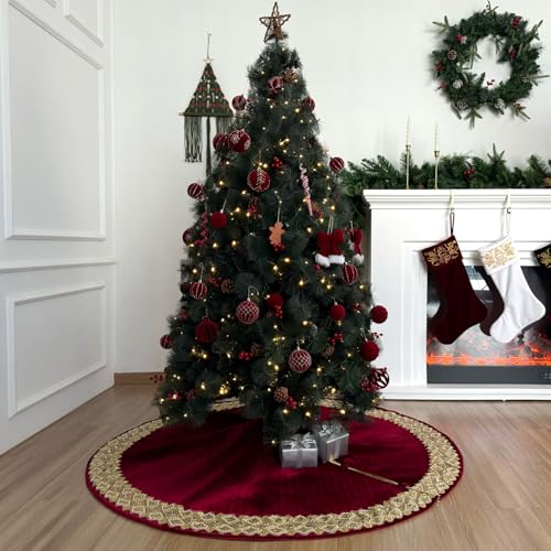 60-Inch Venetian Gilded Velvet Christmas Tree Skirt with Gold Embellished Border, Foam-Padded, Button Closure, Burgundy