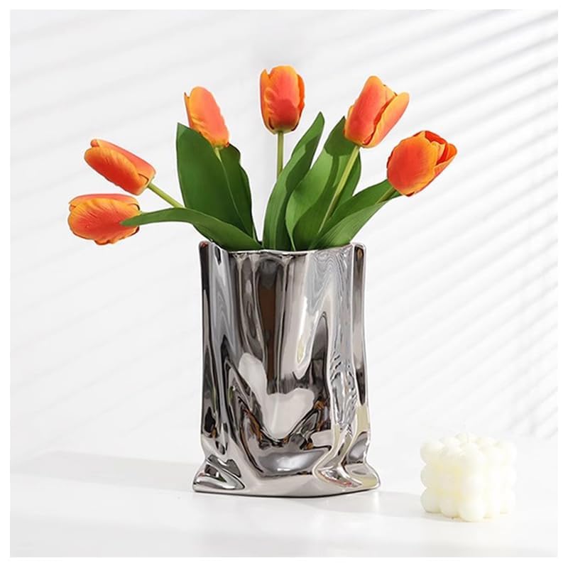 Ceramic Silver Flower Vase, Crinkle Paper Shape, Metal Decorative Home Accent (Large)