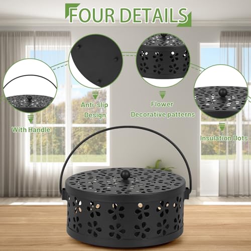 Portable Iron Mosquito Coil Holder with Handle Round Heat-Resistant Incense Holder (2 Pack Black)