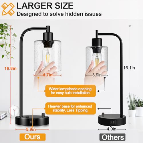 Set of 2 Industrial Table Lamps with USB C+A Ports and Outlet, Fully Stepless Dimmable Bedside Lamps for Bedrooms, Nightstand Lamp with Seed Glass Shade for Reading Living Room Office (Bulbs Included)