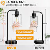 Set of 2 Industrial Table Lamps with USB C+A Ports and Outlet, Fully Stepless Dimmable Bedside Lamps for Bedrooms, Nightstand Lamp with Seed Glass Shade for Reading Living Room Office (Bulbs Included)