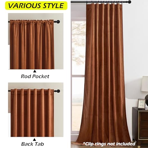 Timeper Burnt Orange Pleat Back Tab Velvet Curtains W52 x L84 inches 2 Panels, Room Darkening Solid Home Decor Curtains for Bedroom Living Dining Room Thermal Insulated Luxury Super Soft Window Drapes