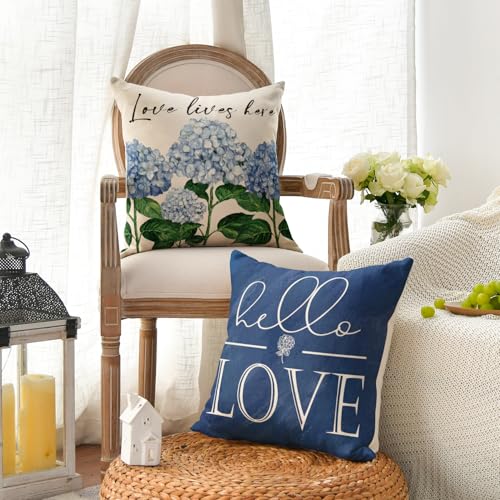 AVOIN colorlife Hello Love Blue Hydrangea Bicycle Throw Pillow Covers, 18 x 18 Inch Flowers Summer Spring Mother's Day Cushion Case for Sofa Couch Set of 4