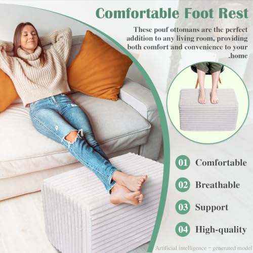Rectangular Pouf Ottoman, Stuffed Floor Pouf with Foam Chunk Filling, Soft Coral Fleece Furry Foot Rest Stool, Multi-Use Ottoman for Living Room, Wide Stripe Boho Decor, White
