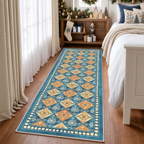 Blue Christmas Runner Rug 2x6, Washable Rug for Hallway, Checkered