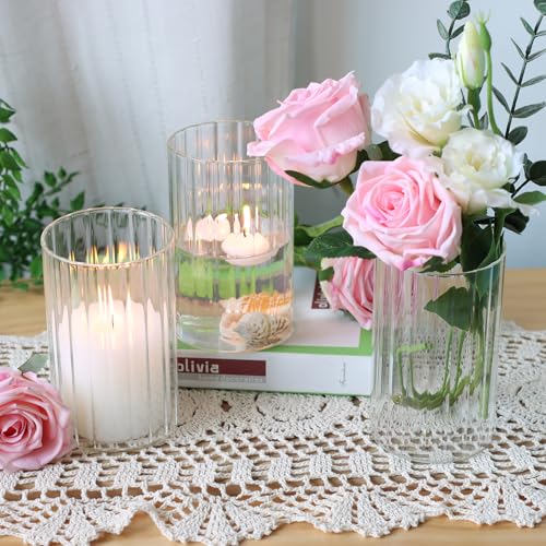 12Pcs Glass Cylinder vases for Centerpieces, 6 Inches Clear Ribbed Bud Vases for Wedding Decorations,Floral Vase Bulk Flower vases,Tall Glass Hurricane Candle Holder for Table Shelf, Party(Ribbed)